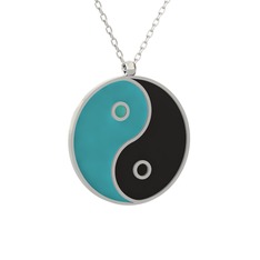 Mineli Yin Yang Kolye - 14 ayar beyaz altın kolye (Turkuaz mineli, 40 cm beyaz altın rolo zincir) #19etpyq