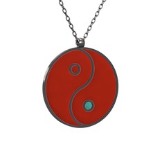 Mineli Yin Yang Kolye - 925 ayar siyah rodyum kaplama gümüş kolye (Kırmızı mineli, 40 cm gümüş rolo zincir) #19ve4nc