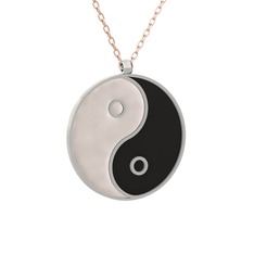 Mineli Yin Yang Kolye - 18 ayar beyaz altın kolye (Beyaz mineli, 40 cm rose altın rolo zincir) #1aodyb1
