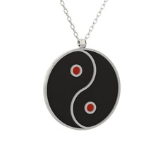 Mineli Yin Yang Kolye - 8 ayar beyaz altın kolye (Siyah mineli, 40 cm beyaz altın rolo zincir) #1bijcam