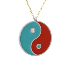 Mineli Yin Yang Kolye - 14 ayar beyaz altın kolye (Turkuaz mineli, 40 cm altın rolo zincir) #1e8rpvv