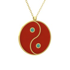 Mineli Yin Yang Kolye - 925 ayar altın kaplama gümüş kolye (Kırmızı mineli, 40 cm gümüş rolo zincir) #1f779zs