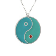 Mineli Yin Yang Kolye - 8 ayar beyaz altın kolye (Turkuaz mineli, 40 cm beyaz altın rolo zincir) #1mtoffy