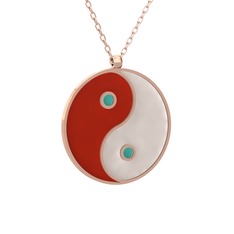 Mineli Yin Yang Kolye - 14 ayar rose altın kolye (Kırmızı mineli, 40 cm gümüş rolo zincir) #1nbyryp