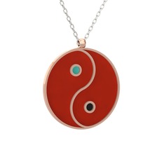 Mineli Yin Yang Kolye - 925 ayar rose altın kaplama gümüş kolye (Kırmızı mineli, 40 cm beyaz altın rolo zincir) #1pj8g4f