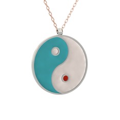 Mineli Yin Yang Kolye - 8 ayar beyaz altın kolye (Turkuaz mineli, 40 cm rose altın rolo zincir) #1qmmucb
