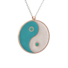 Mineli Yin Yang Kolye - 14 ayar rose altın kolye (Turkuaz mineli, 40 cm beyaz altın rolo zincir) #1rogtp0