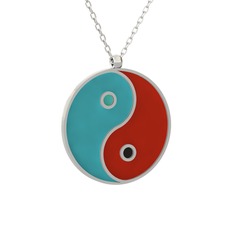 Mineli Yin Yang Kolye - 18 ayar beyaz altın kolye (Turkuaz mineli, 40 cm beyaz altın rolo zincir) #1w78v33