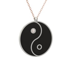Mineli Yin Yang Kolye - 18 ayar beyaz altın kolye (Siyah mineli, 40 cm rose altın rolo zincir) #2fgsj3