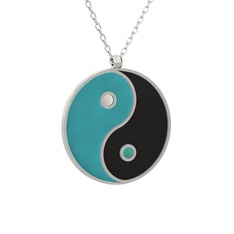Mineli Yin Yang Kolye - 14 ayar beyaz altın kolye (Turkuaz mineli, 40 cm beyaz altın rolo zincir) #2k5zgf