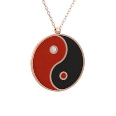 Mineli Yin Yang Kolye - 14 ayar rose altın kolye (Kırmızı mineli, 40 cm rose altın rolo zincir) #345ta4