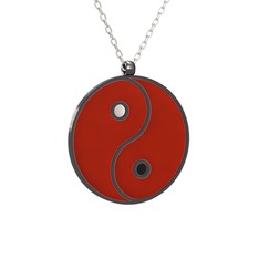 Mineli Yin Yang Kolye - 925 ayar siyah rodyum kaplama gümüş kolye (Kırmızı mineli, 40 cm beyaz altın rolo zincir) #3aceqs