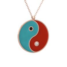 Mineli Yin Yang Kolye - 18 ayar rose altın kolye (Turkuaz mineli, 40 cm rose altın rolo zincir) #3pjlnd