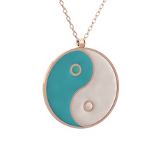 Mineli Yin Yang Kolye - 18 ayar rose altın kolye (Turkuaz mineli, 40 cm rose altın rolo zincir) #6evizl
