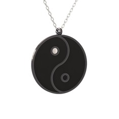 Mineli Yin Yang Kolye - 925 ayar siyah rodyum kaplama gümüş kolye (Siyah mineli, 40 cm beyaz altın rolo zincir) #7l16cr