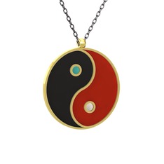 Mineli Yin Yang Kolye - 14 ayar altın kolye (Siyah mineli, 40 cm gümüş rolo zincir) #7r8wrv