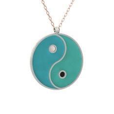 Mineli Yin Yang Kolye - 8 ayar beyaz altın kolye (Turkuaz mineli, 40 cm rose altın rolo zincir) #8g7nin