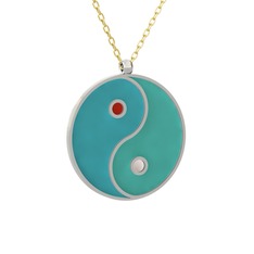 Mineli Yin Yang Kolye - 8 ayar beyaz altın kolye (Turkuaz mineli, 40 cm gümüş rolo zincir) #95qt87
