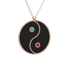 Mineli Yin Yang Kolye - 14 ayar rose altın kolye (Siyah mineli, 40 cm gümüş rolo zincir) #9so6ha