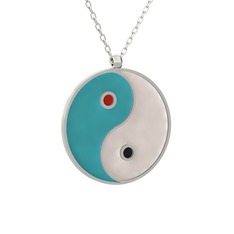 Mineli Yin Yang Kolye - 18 ayar beyaz altın kolye (Turkuaz mineli, 40 cm beyaz altın rolo zincir) #9znzzo