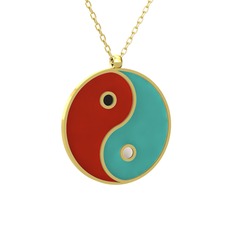 Mineli Yin Yang Kolye - 8 ayar altın kolye (Kırmızı mineli, 40 cm altın rolo zincir) #azqz73