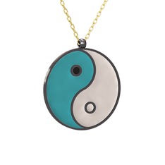 Mineli Yin Yang Kolye - 925 ayar siyah rodyum kaplama gümüş kolye (Turkuaz mineli, 40 cm altın rolo zincir) #cnfhwj