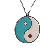 Mineli Yin Yang Kolye - 925 ayar siyah rodyum kaplama gümüş kolye (Turkuaz mineli, 40 cm gümüş rolo zincir) #e5i1hy