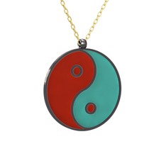 Mineli Yin Yang Kolye - 925 ayar siyah rodyum kaplama gümüş kolye (Kırmızı mineli, 40 cm altın rolo zincir) #eg5jcv