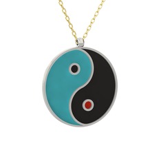 Mineli Yin Yang Kolye - 18 ayar beyaz altın kolye (Turkuaz mineli, 40 cm altın rolo zincir) #eske6f