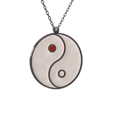 Mineli Yin Yang Kolye - 925 ayar siyah rodyum kaplama gümüş kolye (Beyaz mineli, 40 cm gümüş rolo zincir) #exedwq