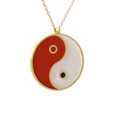Mineli Yin Yang Kolye - 8 ayar altın kolye (Kırmızı mineli, 40 cm rose altın rolo zincir) #hon163