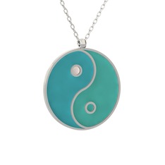 Mineli Yin Yang Kolye - 925 ayar gümüş kolye (Turkuaz mineli, 40 cm beyaz altın rolo zincir) #jqym6j