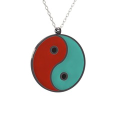 Mineli Yin Yang Kolye - 925 ayar siyah rodyum kaplama gümüş kolye (Kırmızı mineli, 40 cm gümüş rolo zincir) #kn6djv