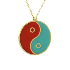 Mineli Yin Yang Kolye - 14 ayar altın kolye (Kırmızı mineli, 40 cm altın rolo zincir) #p38w36