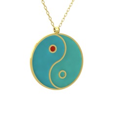 Mineli Yin Yang Kolye - 18 ayar altın kolye (Turkuaz mineli, 40 cm altın rolo zincir) #p82sy