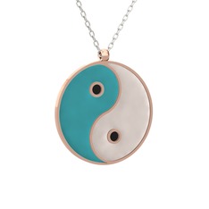 Mineli Yin Yang Kolye - 925 ayar rose altın kaplama gümüş kolye (Turkuaz mineli, 40 cm beyaz altın rolo zincir) #pz89g8