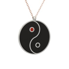 Mineli Yin Yang Kolye - 14 ayar beyaz altın kolye (Siyah mineli, 40 cm rose altın rolo zincir) #qjrkxh