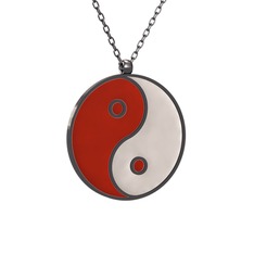 Mineli Yin Yang Kolye - 925 ayar siyah rodyum kaplama gümüş kolye (Kırmızı mineli, 40 cm gümüş rolo zincir) #qzhmtm