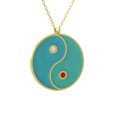 Mineli Yin Yang Kolye - 925 ayar altın kaplama gümüş kolye (Turkuaz mineli, 40 cm gümüş rolo zincir) #t921w6