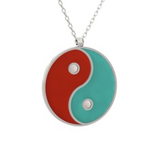 Mineli Yin Yang Kolye - 18 ayar beyaz altın kolye (Kırmızı mineli, 40 cm beyaz altın rolo zincir) #v008aj