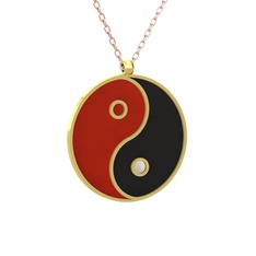 Mineli Yin Yang Kolye - 14 ayar altın kolye (Kırmızı mineli, 40 cm rose altın rolo zincir) #vbrk7o