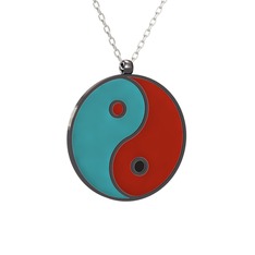 Mineli Yin Yang Kolye - 925 ayar siyah rodyum kaplama gümüş kolye (Turkuaz mineli, 40 cm gümüş rolo zincir) #wjh89l