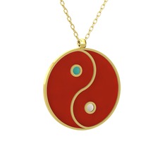Mineli Yin Yang Kolye - 925 ayar altın kaplama gümüş kolye (Kırmızı mineli, 40 cm gümüş rolo zincir) #yxb83t