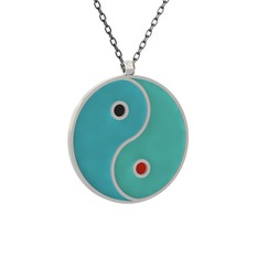 Mineli Yin Yang Kolye - 14 ayar beyaz altın kolye (Turkuaz mineli, 40 cm gümüş rolo zincir) #zc3v1c