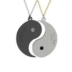İsimli Yin Yang - Pırlanta ve siyah zirkon 925 ayar siyah rodyum kaplama gümüş kolye (0.06 karat, 40 cm gümüş rolo zincir) #12fwsls