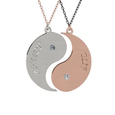 İsimli Yin Yang - Pırlanta ve beyaz zirkon 14 ayar beyaz altın kolye (0.06 karat, 40 cm gümüş rolo zincir) #1520dmu