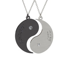 İsimli Yin Yang - Pırlanta ve beyaz zirkon 925 ayar siyah rodyum kaplama gümüş kolye (0.06 karat, 40 cm beyaz altın rolo zincir) #160bf1c
