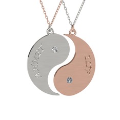 İsimli Yin Yang - Beyaz zirkon ve pırlanta 14 ayar beyaz altın kolye (0.06 karat, 40 cm rose altın rolo zincir) #1bs1bz1