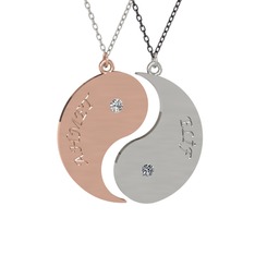 Beyaz zirkon ve pırlanta 925 ayar rose altın kaplama gümüş kolye (0.06 karat, 40 cm beyaz altın rolo zincir)