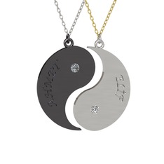 İsimli Yin Yang - Pırlanta ve beyaz zirkon 925 ayar siyah rodyum kaplama gümüş kolye (0.06 karat, 40 cm beyaz altın rolo zincir) #1y6cp53